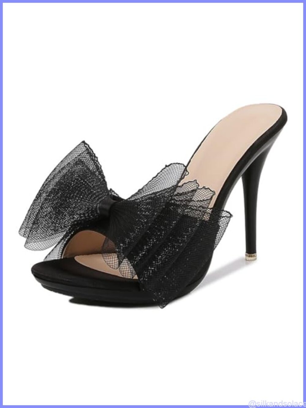 Women's Stiletto Heel Mules Sandals with Tulle Bow Slip On Party Wedding Shoes